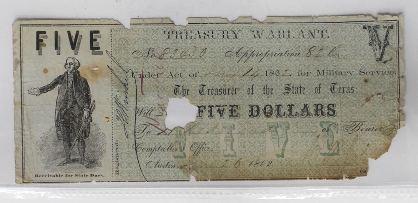1862 TEXAS CIVIL WAR $5 (1 of 3)