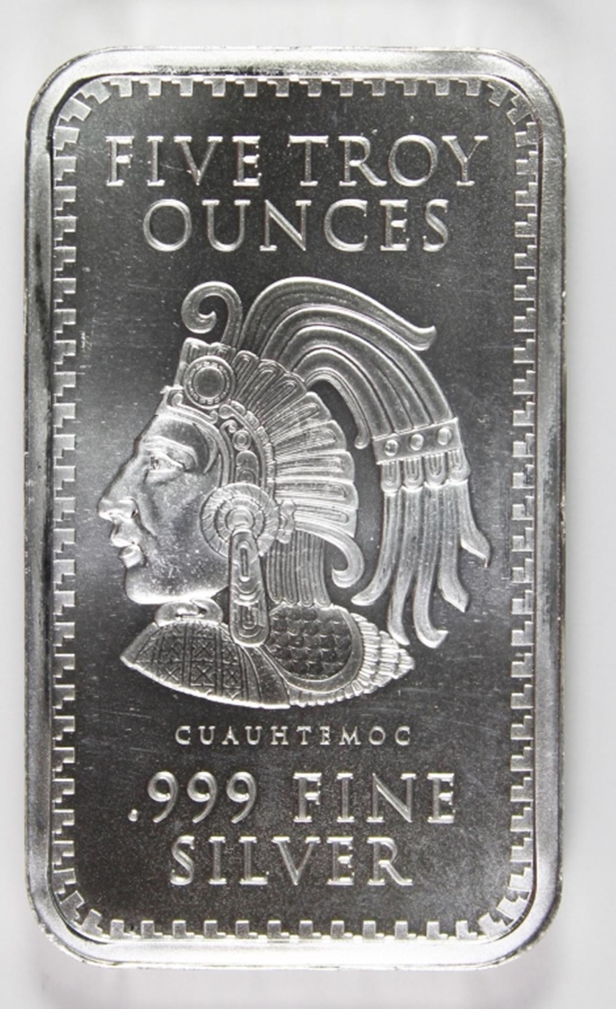 5 OZ .999 SILVER BAR: .999 PURE SILVER. ESTIMATE: $225-$300