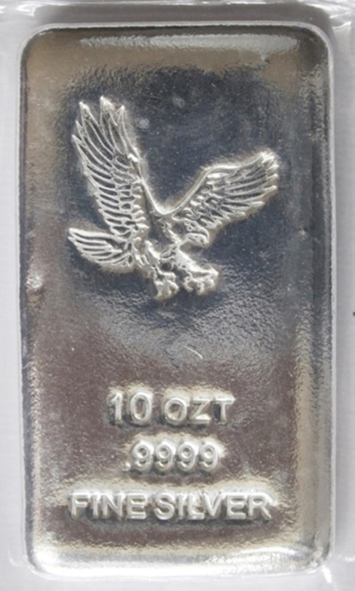 10 OZ. SILVER BAR: .999 PURE SILVER. ESTIMATE: $375-$450
