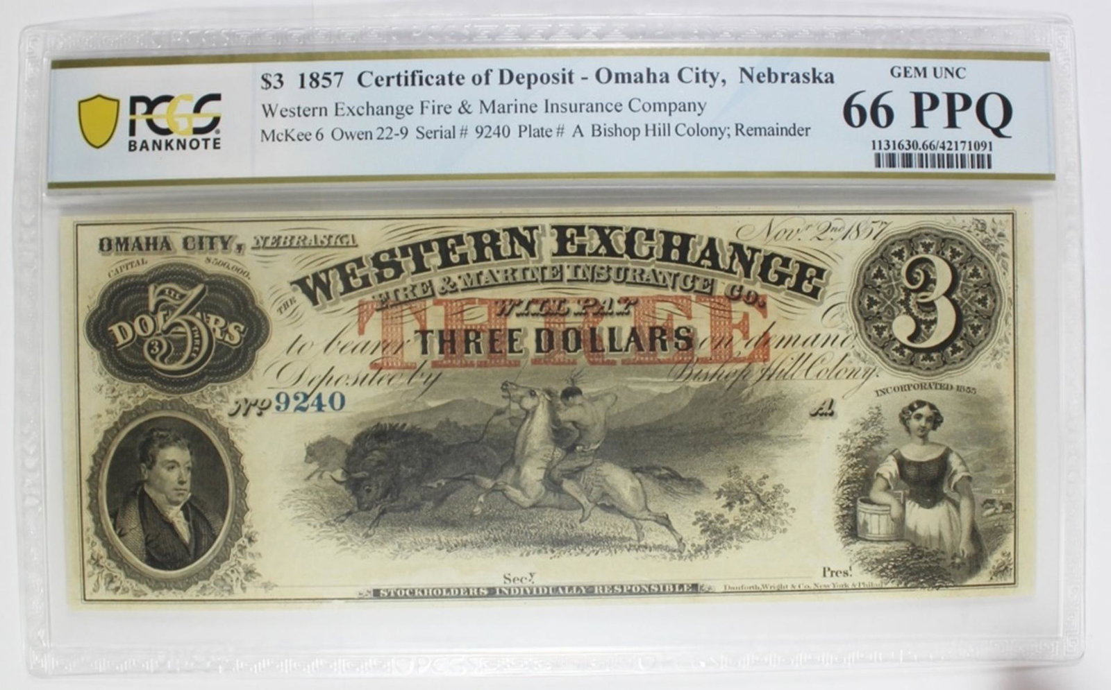 1857 $3.00 WESTERN EXCHANGE OMAHA, NEBRASKA (1 of 2)