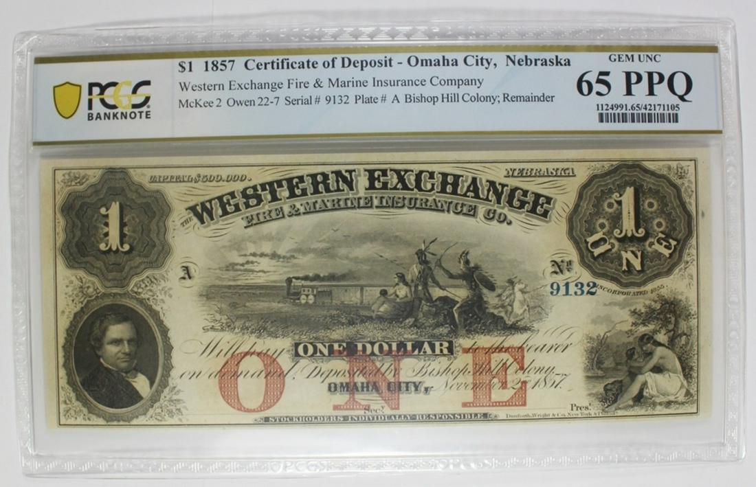 1857 $1.00 WESTERN EXCHANGE OMAHA, NEBRASKA. (1 of 2)