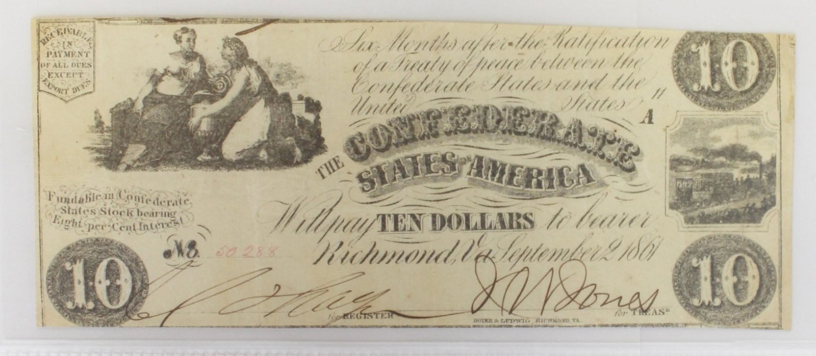 $10 CONFEDERATE T-28 1861: NICE VF-XF RARE! ESTIMATE: $175-$200