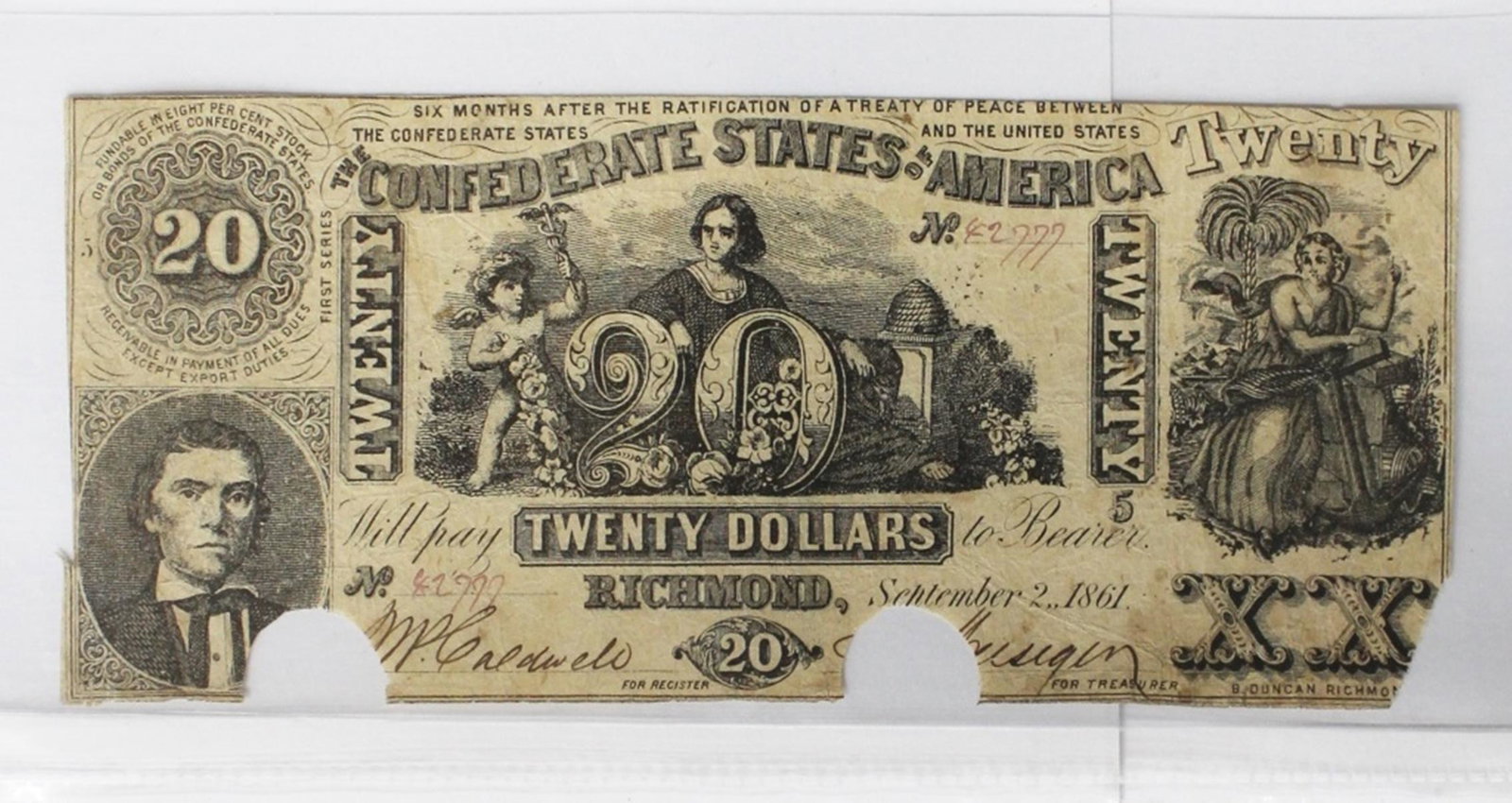 CONFEDERATE 1861 $20: T-20 CANCELLED BY CSA, NICE! ESTIMATE: $100-$150