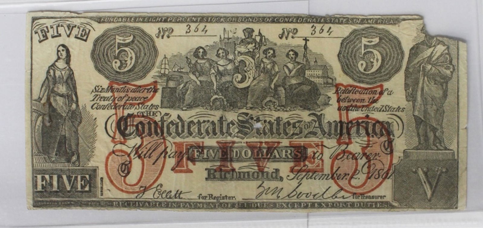 CONFEDERATE 1861 $5 (1 of 3)