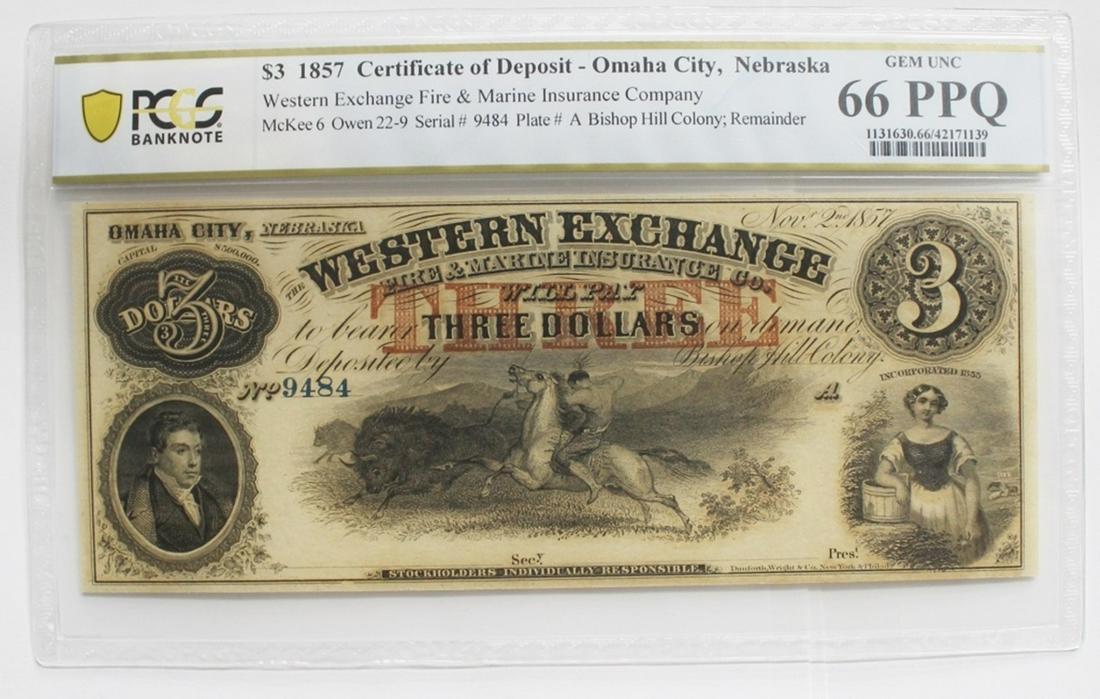 1857 $3.00 WESTERN EXCHANGE OMAHA, NEBRASKA (1 of 2)