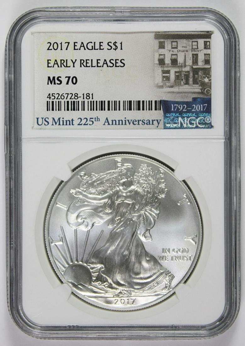 2017 AMERICAN SILVER EAGLE: NGC MS 70 EARLY RELEASE. ESTIMATE: $110-$150