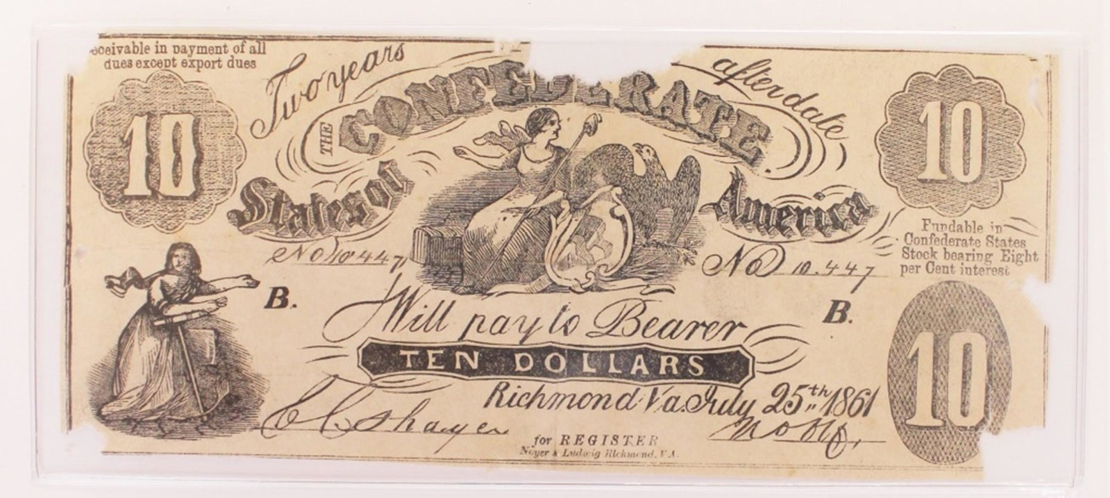 1861 $10 CONFEDERATE NOTE: CT 10 HAS TEARS. ESTIMATE: $55-$75