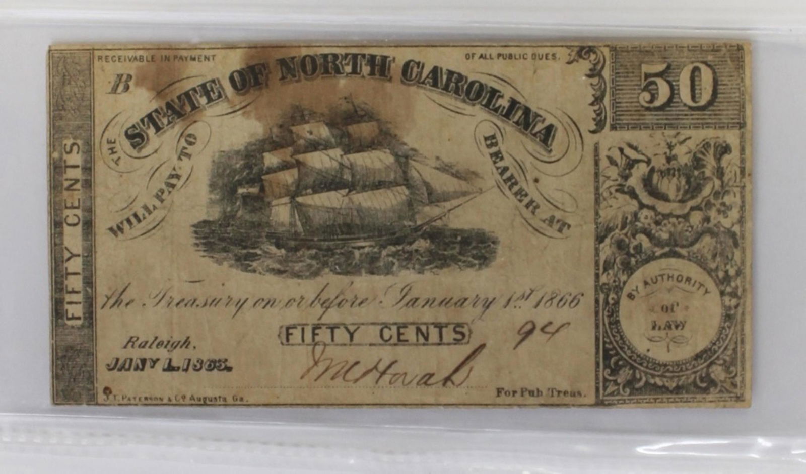 1863 NORTH CAROLINA FIFTY CENT CIVIL WAR NOTE (1 of 3)