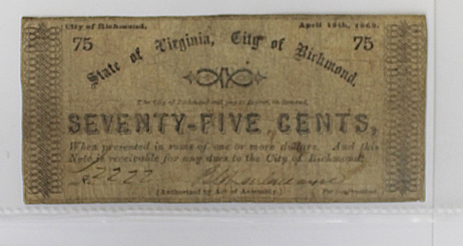 1862 VIRIGINA SEVENTY FIVE CENT NOTE (1 of 3)