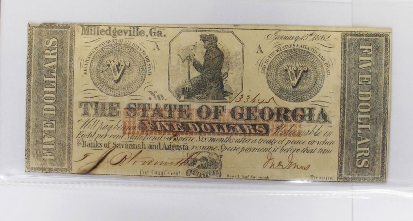 1862 GEORGIA $5.00 NOTE (1 of 3)