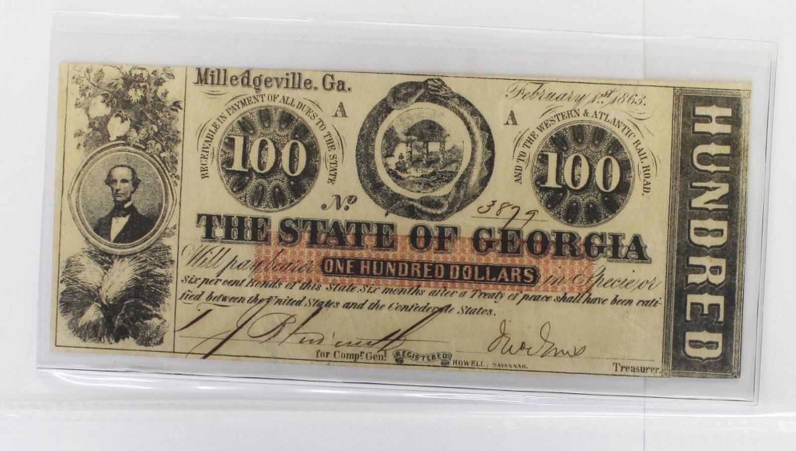 1863 GEORGIA $100 NOTE (1 of 3)