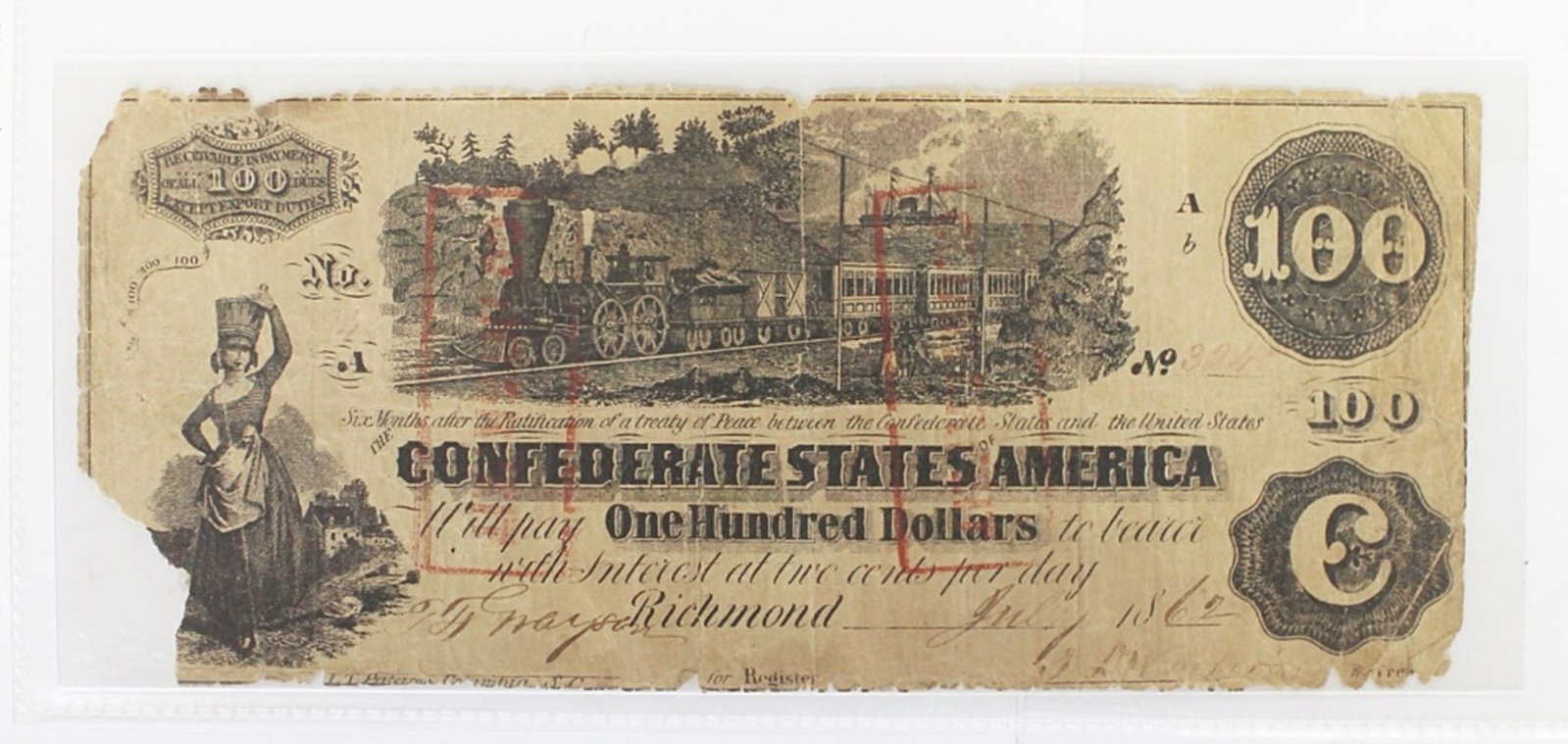 RARE CONTEMPORY $100 COUNTERFEIT CONFEDERATE: CT 39 CIRC MADE BY THE UNION AT THAT TIME. 1862. ESTIMATE: $275-$350