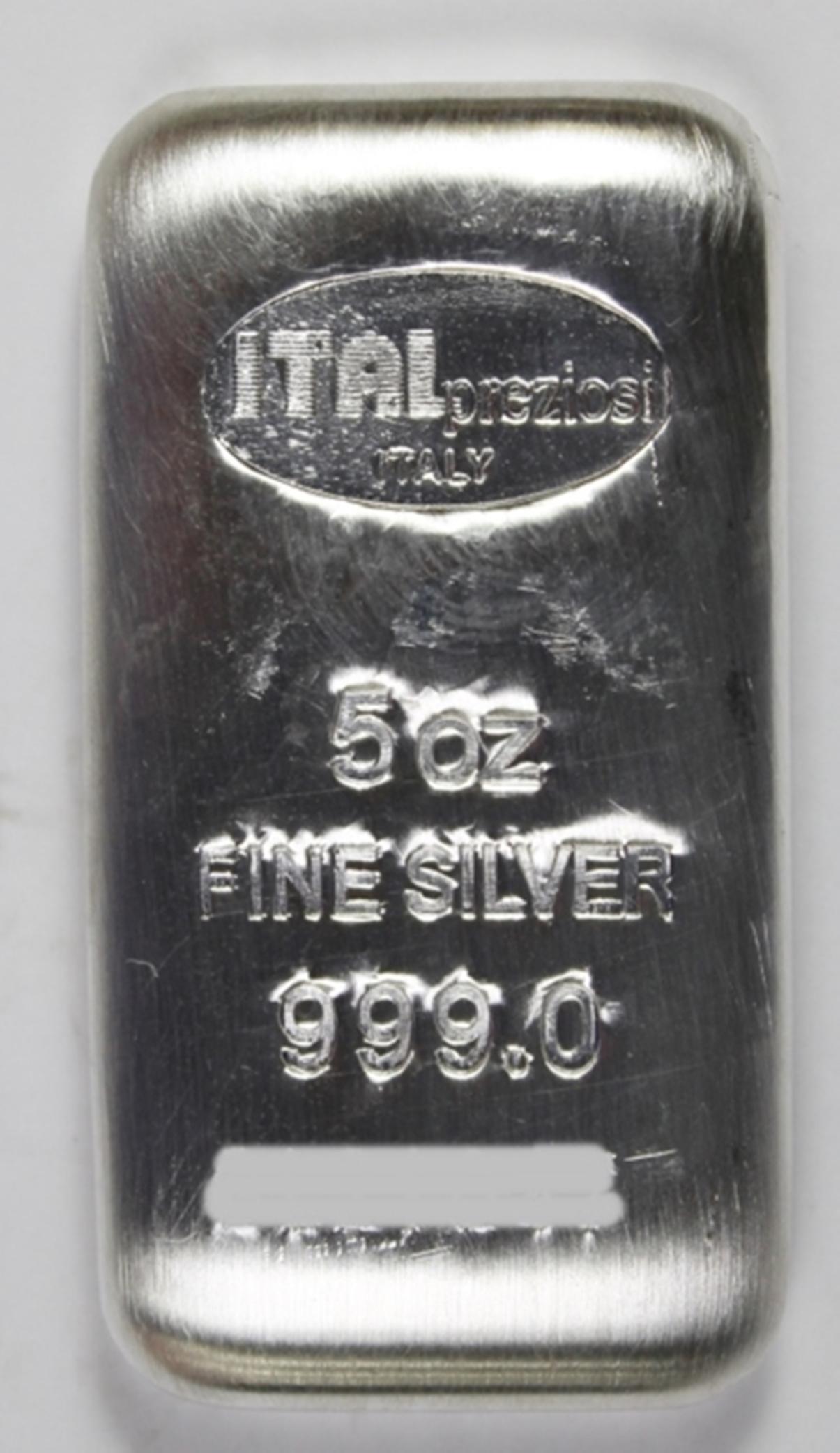 5 OZ SILVER BAR: .999 PURE SILVER. ESTIMATE: $225-$300