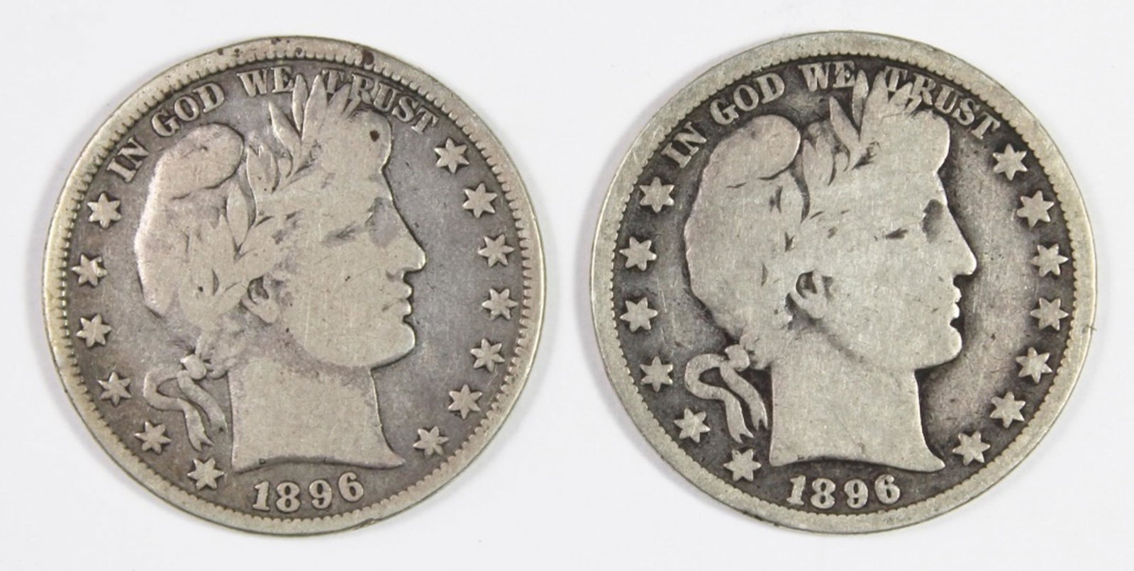 BARBER HALF DOLLARS: 1896 VF AND 1896-O GOOD+. ESTIMATE: $110-$150