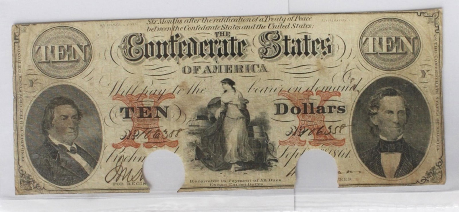CONFEDERATE 1861 $10: T-26 VF. CANCELLED BY CSA. ESTIMATE: $350-$400