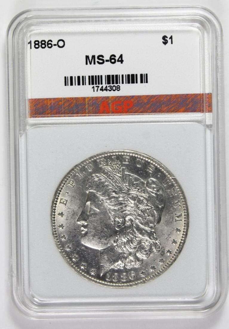 1886-O MORGAN SILVER DOLLAR: AGP MS 64. BLAST WHITE! ESTIMATE: $5000-$6000