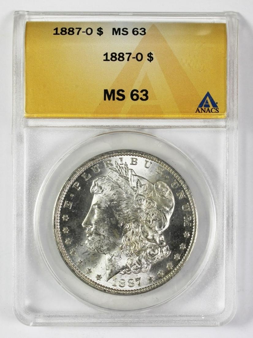 1887-O MORGAN SILVER DOLLAR: ANACS MS 63 BLAST WHITE, NICE! ESTIMATE: $275-$350