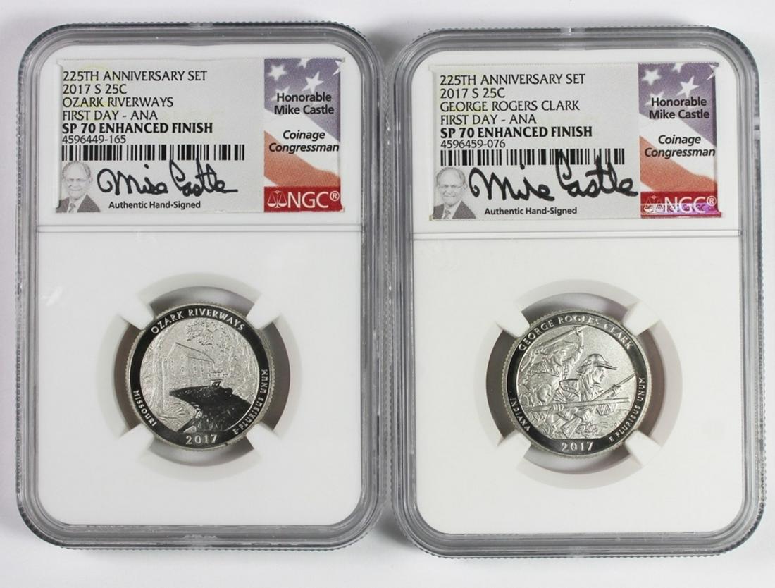 225TH ANNIVERSARY 2017-S QUARTER: NGC SP 70. ENHANCED FINISH. CLARK AND OZARK RIVERWAYS. ESTIMATE: $100-$150