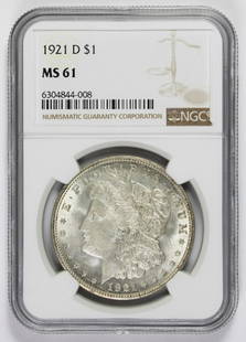 1921-D MORGAN SILVER DOLLAR: NGC MS 61 WHITE! ESTIMATE: $140-$200