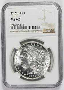 1921-D MORGAN SILVER DOLLAR: NGC MS 62 WHITE! ESTIMATE: $160-$200