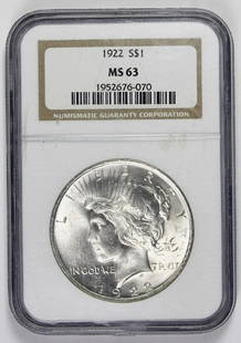 1922 PEACE SILVER DOLLAR: NGC MS 63 BLAST WHITE! ESTIMATE: $75-$100