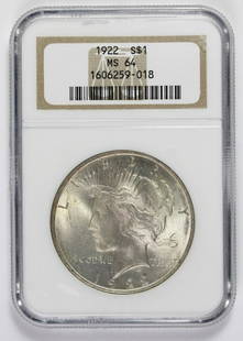 1922 PEACE SILVER DOLLAR: NGC MS 64 WHITE. ESTIMATE: $85-$125