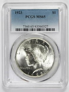 1923 PEACE SILVER DOLLAR: PCGS MS 65 BLAST WHITE! ESTIMATE: $180-$225