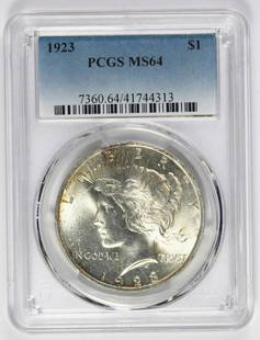 1923 PEACE SILVER DOLLAR: PCGS MS 64 BLAST WHITE. ESTIMATE: $85-$125