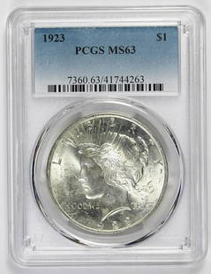 1923 PEACE SILVER DOLLAR: PCGS MS 63 BLAST WHITE! ESTIMATE: $80-$125