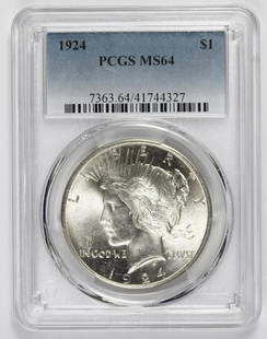 1924 PEACE SILVER DOLLAR: PCGS MS 64 BLAST WHITE! ESTIMATE: $95-$125