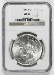 1925 PEACE SILVER DOLLAR: NGC MS 64 BLAST WHITE! ESTIMATE: $95-$125