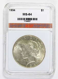 1934 PEACE SILVER DOLLAR: AGP MS 64 BLAST WHITE! ESTIMATE: $150-$200