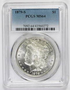 1879-S MORGAN SILVER DOLLAR: PCGS MS 64 BLAST WHITE, LOOKS MS 65. ESTIMATE: $140-$200