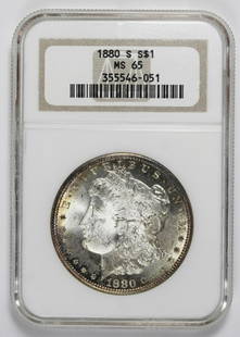 1880-S MORGAN SILVER DOLLAR: NGC MS 65 SUPER ATTRACTIVE COIN. BLAST WHITE AND GOLD. LOOKS MS 67! ESTIMATE: $500-$600