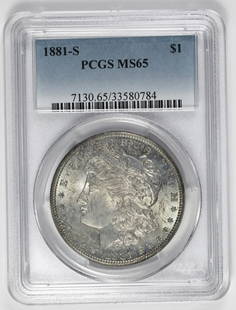 1881-S MORGAN SILVER DOLLAR: PCGS MS 65 WILD RAINBOW COLORS ON OBVERSE. BLAST WHITE REVERSE, SHOULD BE MS 66.!ESTIMATE: $300-$350