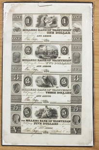 RARE! UNCUT 1800'S SHEET: MILLERS BANK OF WASHTENAW, MICHIGAN. UNCIRCULATED VERY RARE. $1.00, $2.00, $3.00 AND $5.00. NOTES! ESTIMATE: $750-$850