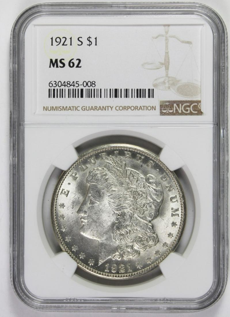 1921-S MORGAN SILVER DOLLAR: NGC MS 62 BLAST WHITE! ESTIMATE: $150-$200
