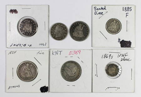 GROUP LOT - SEE DESCRIPTION: 1869-S HALF DIME DAMAGE, 1885 DIME VG, (2) V-NICKELS, 1853 ARROWS AND RAYS QUARTER GOOD-VG, 1920 QUARTER VF, AND 1854 ARROWS QUARTER VG-FINE. ESTIMATE: $95-$125