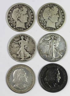 HALF DOLLAR LOT - SEE DESCRIPTION: 1900-O GOOD+, 1914-S GOOD+, 1942 XF, 1917-D OBVERSE GOOD-VG, 1892 COLUMBIA AND 1893 COLUMBIAN NICE. ESTIMATE: $100-$150