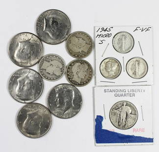 GROUP LOT - SEE DESCRIPTION: (3) 1945 "MICRO S" DIMES, 1926 QUARTER, 1915-D QUARTER, 1903-O QUARTER, 1897-O QUARTER GOOD-VG KEY COIN, AND (5) KENNEDY HALF DOLLARS. ESTIMATE: $100-$150