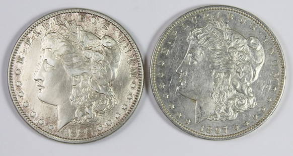 MORGAN SILVER DOLLARS: 1897 UNC PL AND 1885 XF. ESTIMATE: $100-$150