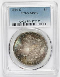 1904-O MORGAN SILVER DOLLAR: PCGS MS 65 UNBELIEVABLE SPECTACULAR RAINBOW COLORS! COIN IS AMAZING, WE HAVE SEEN THESE COLORS BRING HUGE MONEY! ESTIMATE: $500-$600