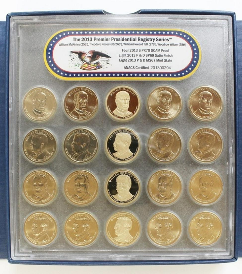 2013 PRESIDENTIAL DOLLAR SET: ANACS GRADED (4) PR 70 D CAM, (8) SP 69 AND (8) MS 67. ESTIMATE: $225-$275