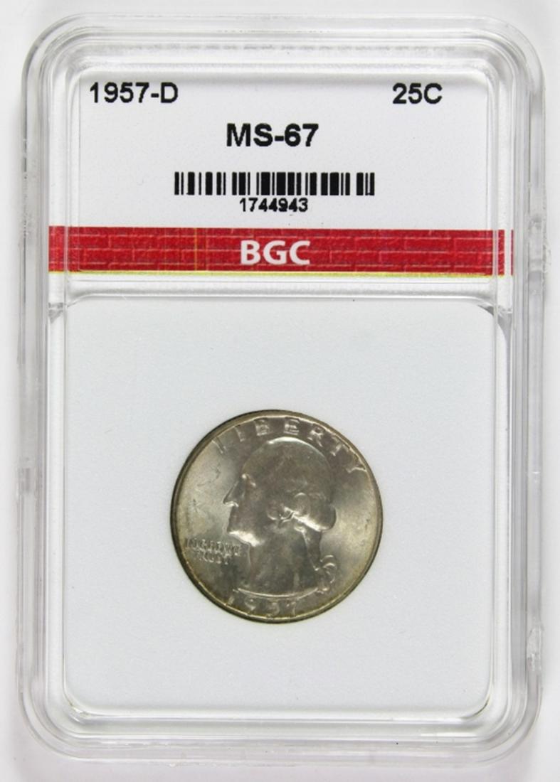 1957-D WASHINGTON QUARTER: BGC MS 67 SUPERB! ESTIMATE: $200-$250