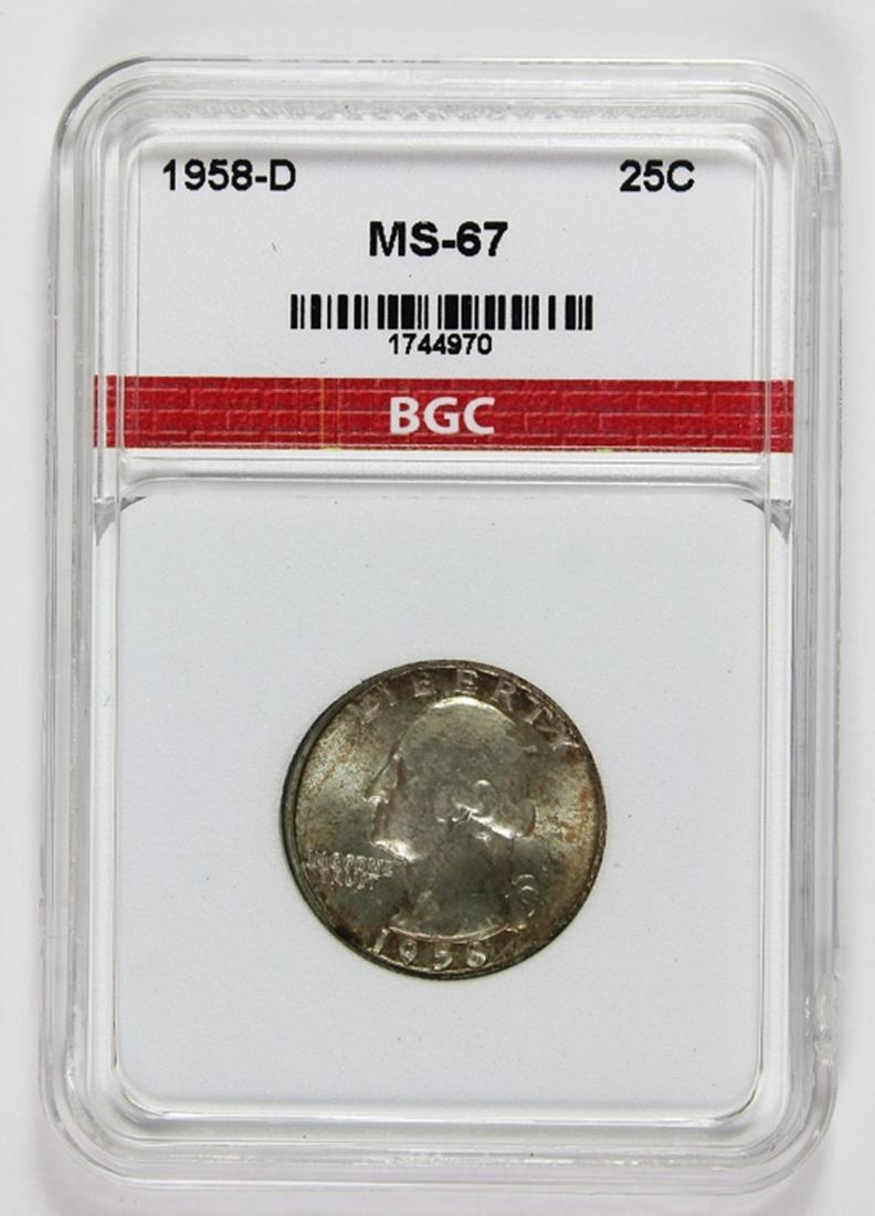 1958-D WASHINGTON QUARTER: BGC MS 67 SUPERB! ESTIMATE: $200-$250