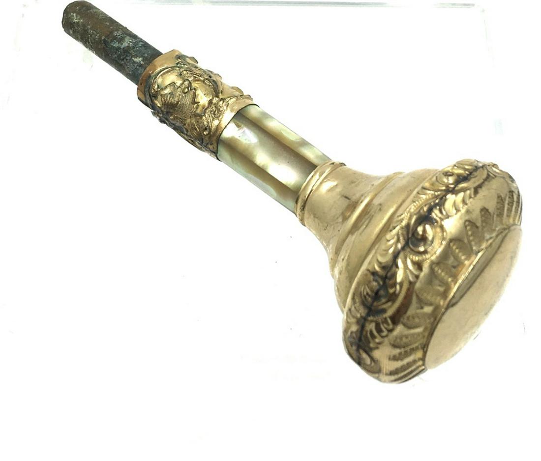VINTAGE LADIES CANE HEAD WITH MOTHER OF PEARL: ENGRAVED LILLIE BRIKER, ROLLED GOLD, 4 " LONG ESTIMATE $50-$75