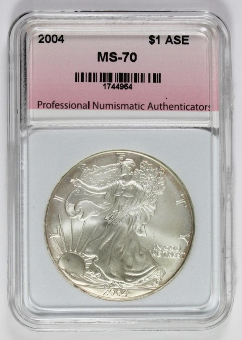 2004 AMERICAN SILVER EAGLE: MS 70. SCARCE. ESTIMATE: $125-$175
