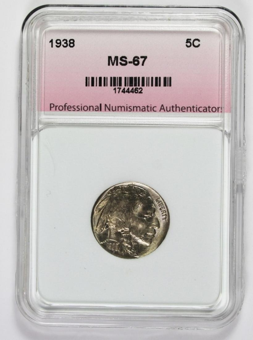 1938-D BUFFALO NICKEL: PNA MS 67. BEAUTIFUL! ESTIMATE: $225-$275