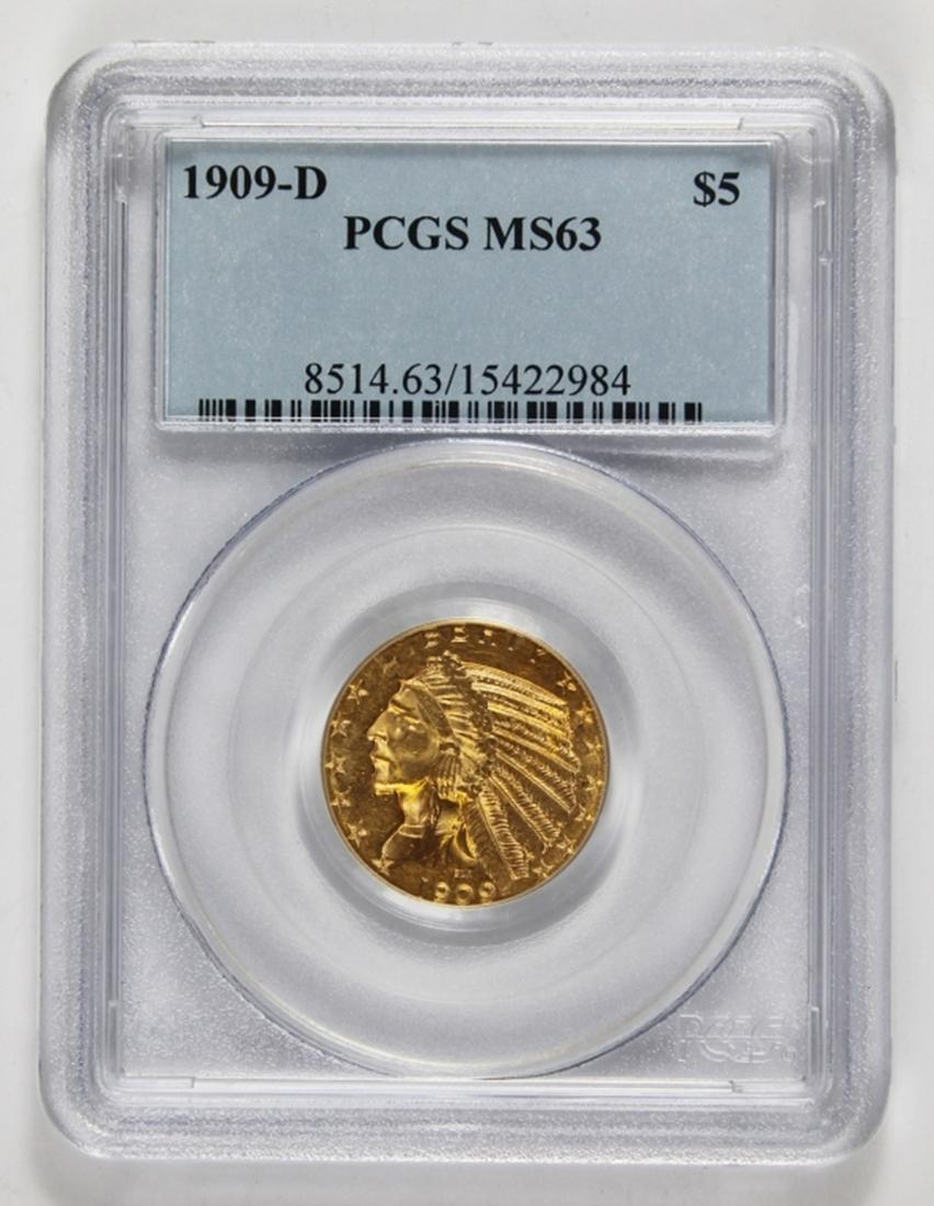 1909-D $5 GOLD: PCGS MS 63. SUPER! LOOKS MS 64++. ESTIMATE: $2500-$2750