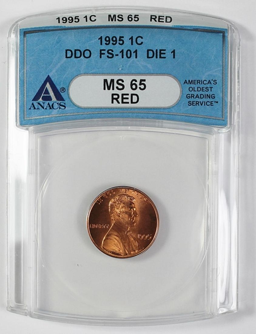 1995 DOUBLE DIE LINCOLN CENT: ANACS MS 65 RED! ESTIMATE: $100-$150